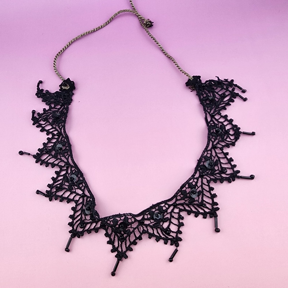 Black Lace Bib Necklace Beaded Sequin Gothic Victorian Statement Choker Jewelry